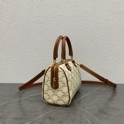 Celine Small Boston Bag Triomphe Beige Brown Canvas & Calfskin