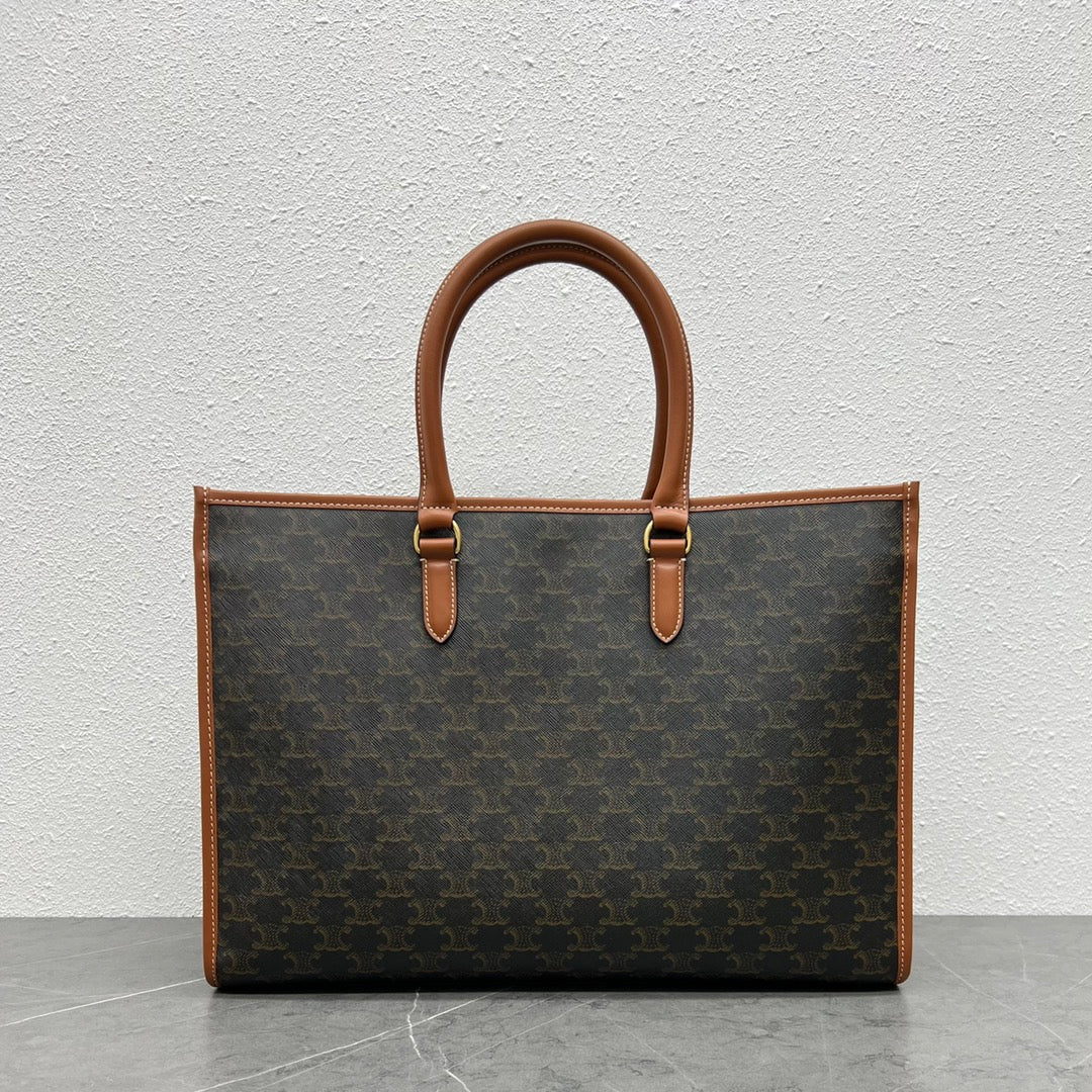 Celine Horizontal Cabas Bag Triomphe Black Brown Canvas & Calfskin
