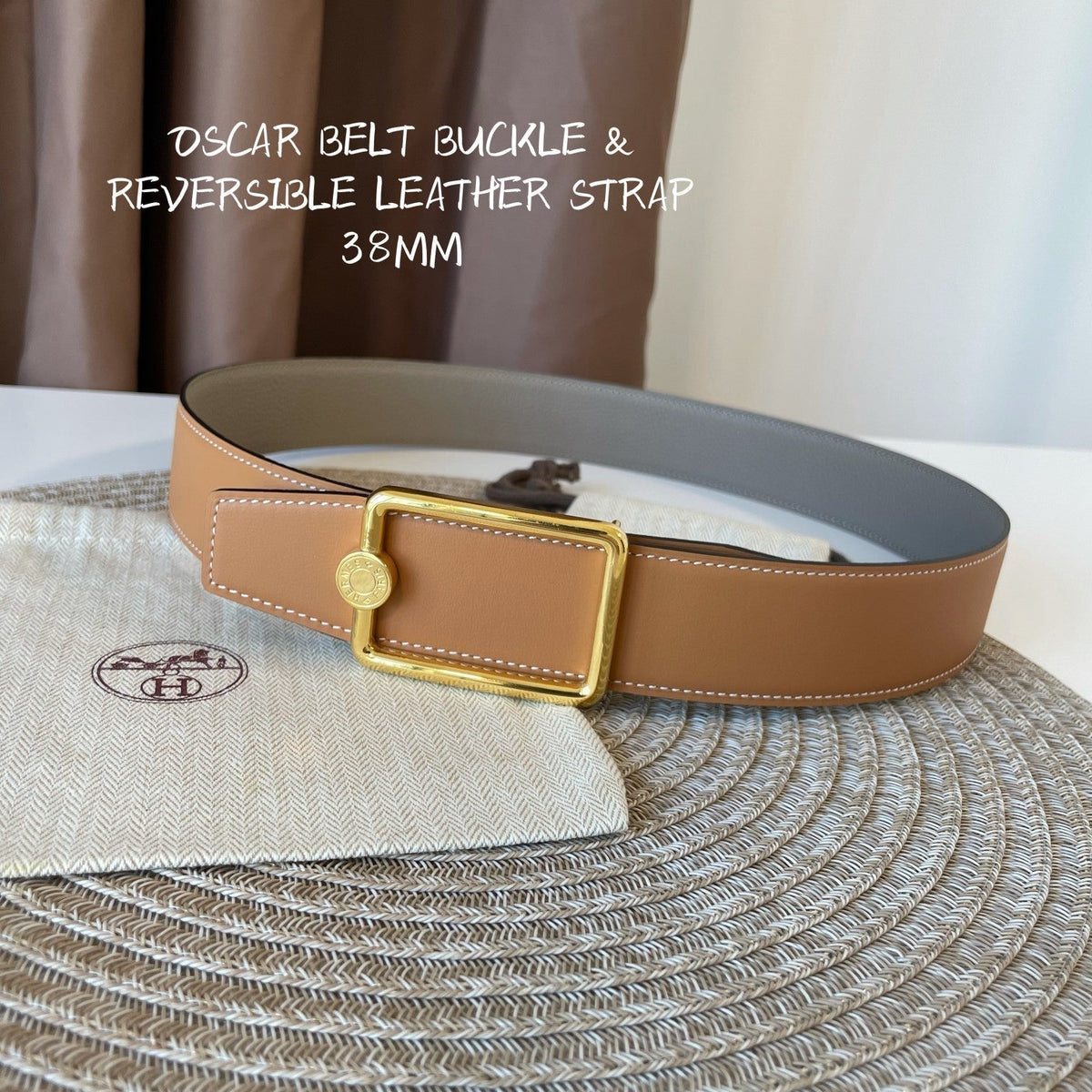 OSCAR BELT BUCKLE & REVERSIBLE KHAKI BROWN AND ORANGE LEATHER STRAP 38MM GOLD HARDWARE