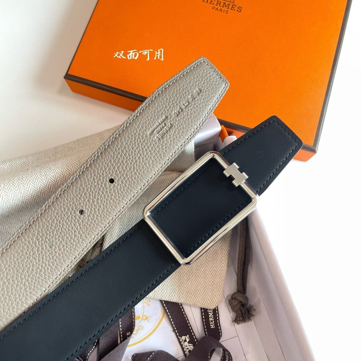 TUBE H BELT BUCKLE & REVERSIBLE KHAKI BROWN AND BLACK LEATHER STRAP 38MM SILVER HARDWARE
