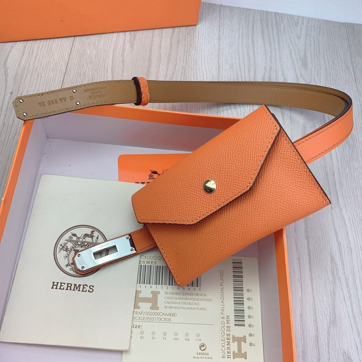 hm kelly belt 18mm with pocket orange calfskin