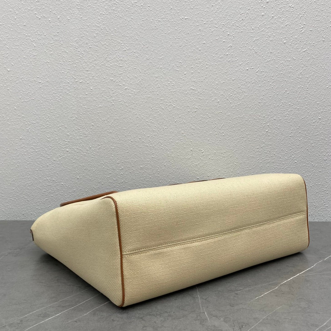 Celine Drawstring Cabas Bag Beige Brown Calfskin Textile