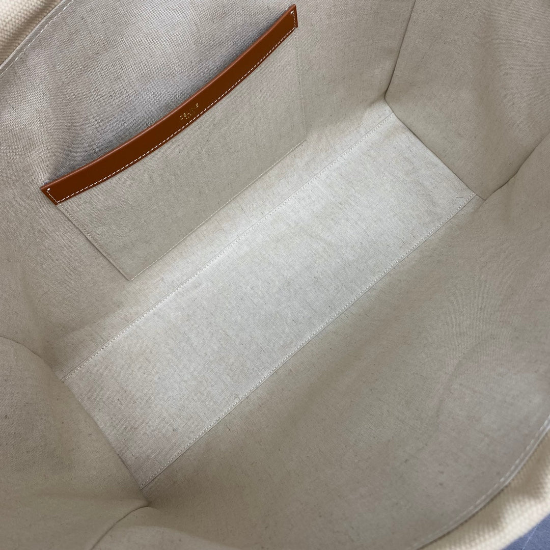 Celine Drawstring Cabas Bag Beige Brown Calfskin Textile