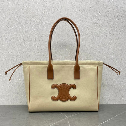 Celine Drawstring Cabas Bag Beige Brown Calfskin Textile