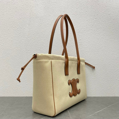 Celine Drawstring Cabas Bag Beige Brown Calfskin Textile