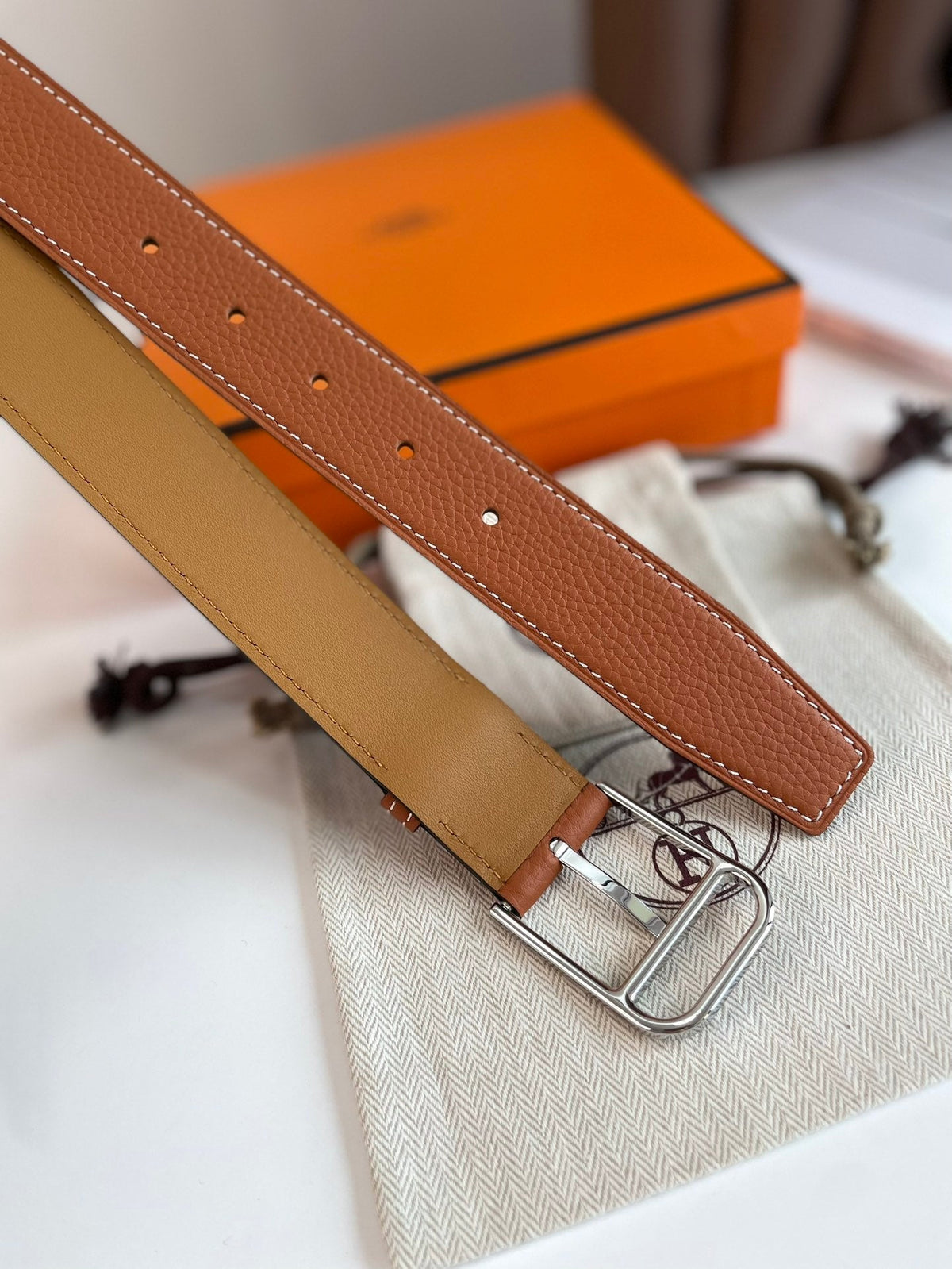 HM ROMAIN 35MM BELT YAM ORANGE LEATHER SILVER HARDWARE