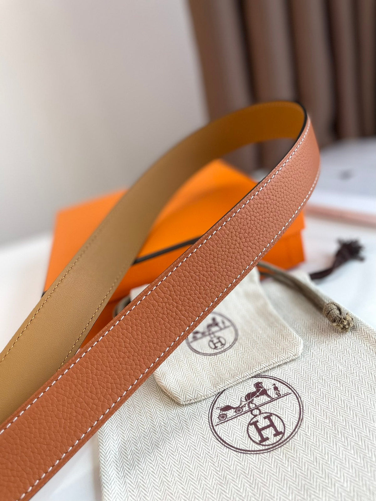 HM ROMAIN 35MM BELT YAM ORANGE LEATHER SILVER HARDWARE