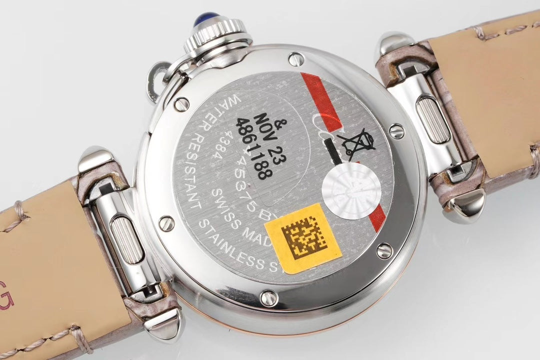pasha 30mm quartz stainless steel pink dial light brown leather