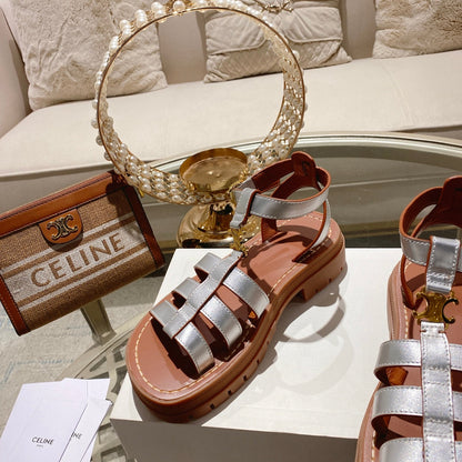 CL Clea Triomphe Gladiator Sandal 40mm Silver Metallic Mix Tan Calfskin 600367