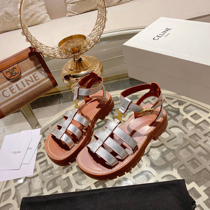 CL Clea Triomphe Gladiator Sandal 40mm Silver Metallic Mix Tan Calfskin 600367