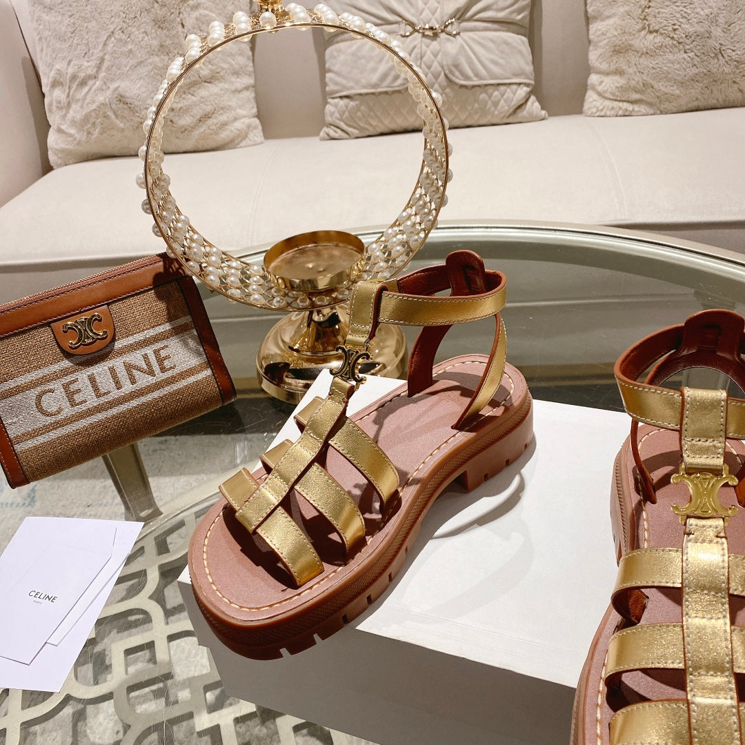 CL Clea Triomphe Gladiator Sandal 40mm Gold Metallic Mix Tan Calfskin 600369