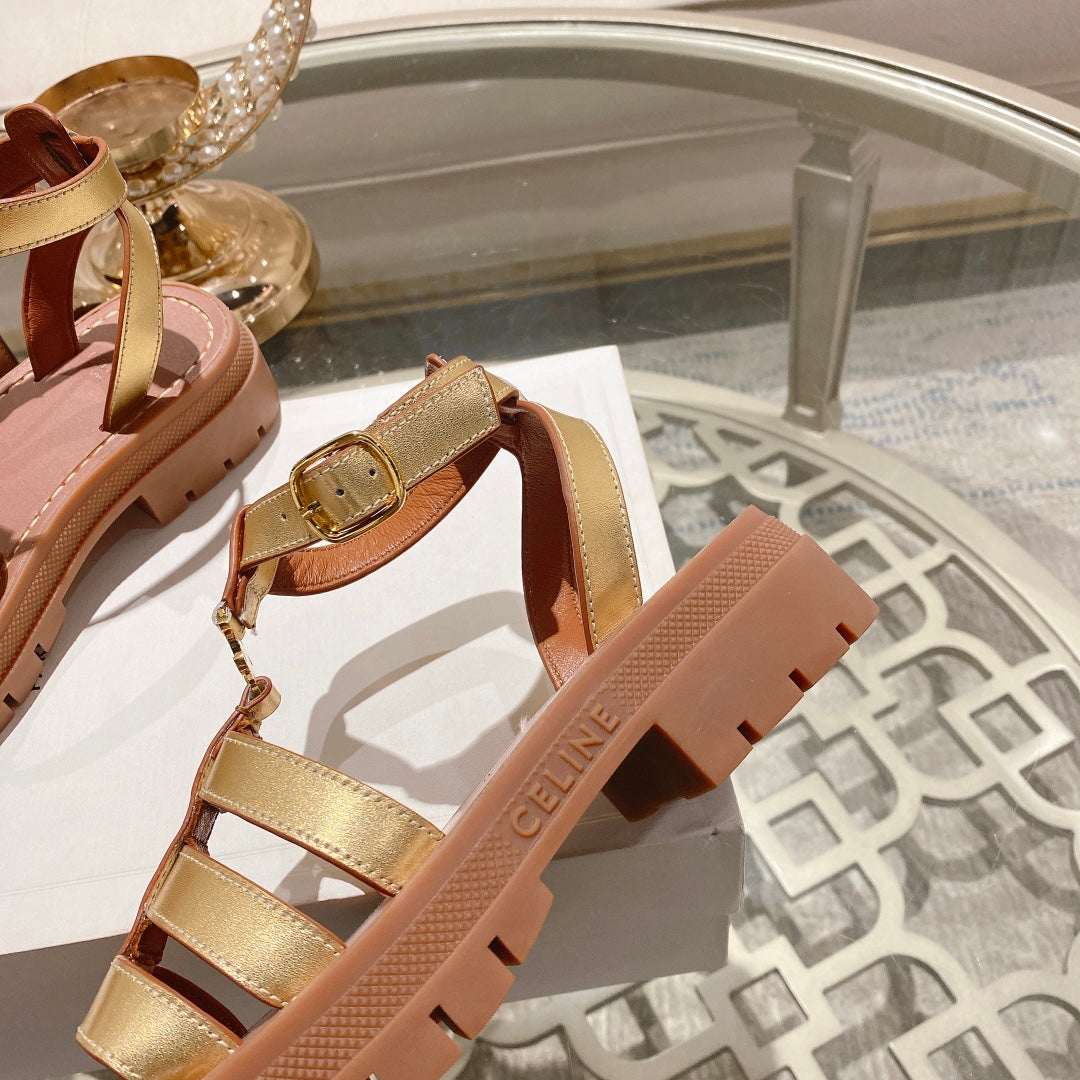 CL Clea Triomphe Gladiator Sandal 40mm Gold Metallic Mix Tan Calfskin 600369
