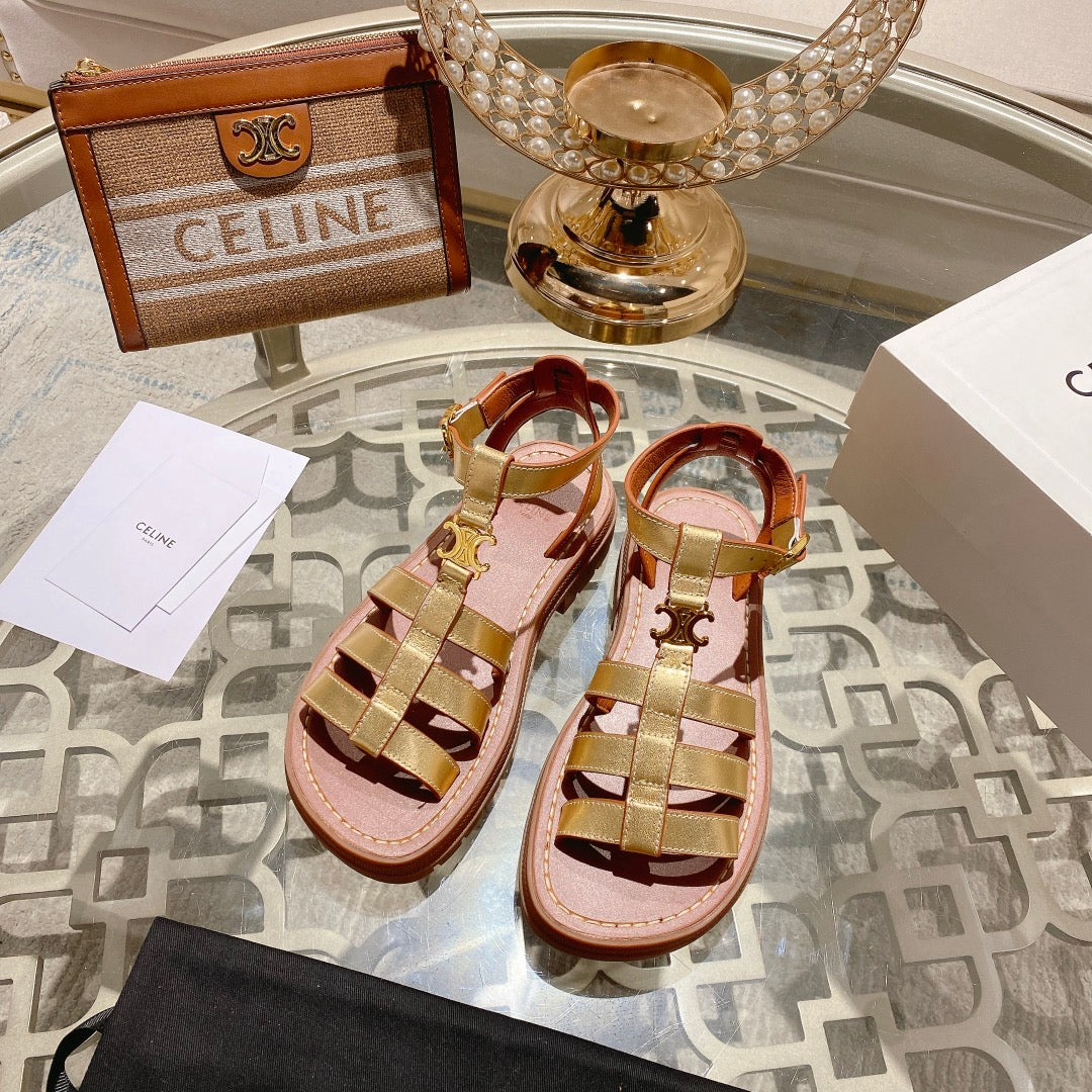 CL Clea Triomphe Gladiator Sandal 40mm Gold Metallic Mix Tan Calfskin 600369
