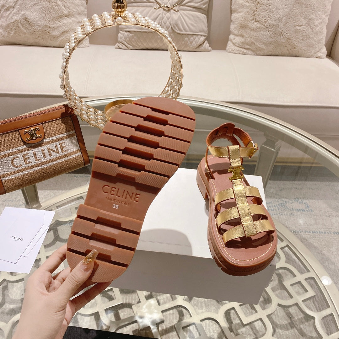 CL Clea Triomphe Gladiator Sandal 40mm Gold Metallic Mix Tan Calfskin 600369