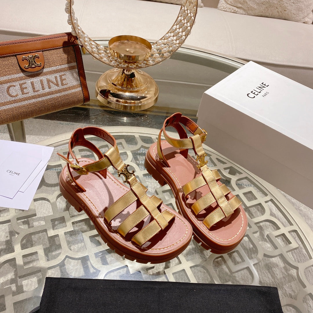 CL Clea Triomphe Gladiator Sandal 40mm Gold Metallic Mix Tan Calfskin 600369