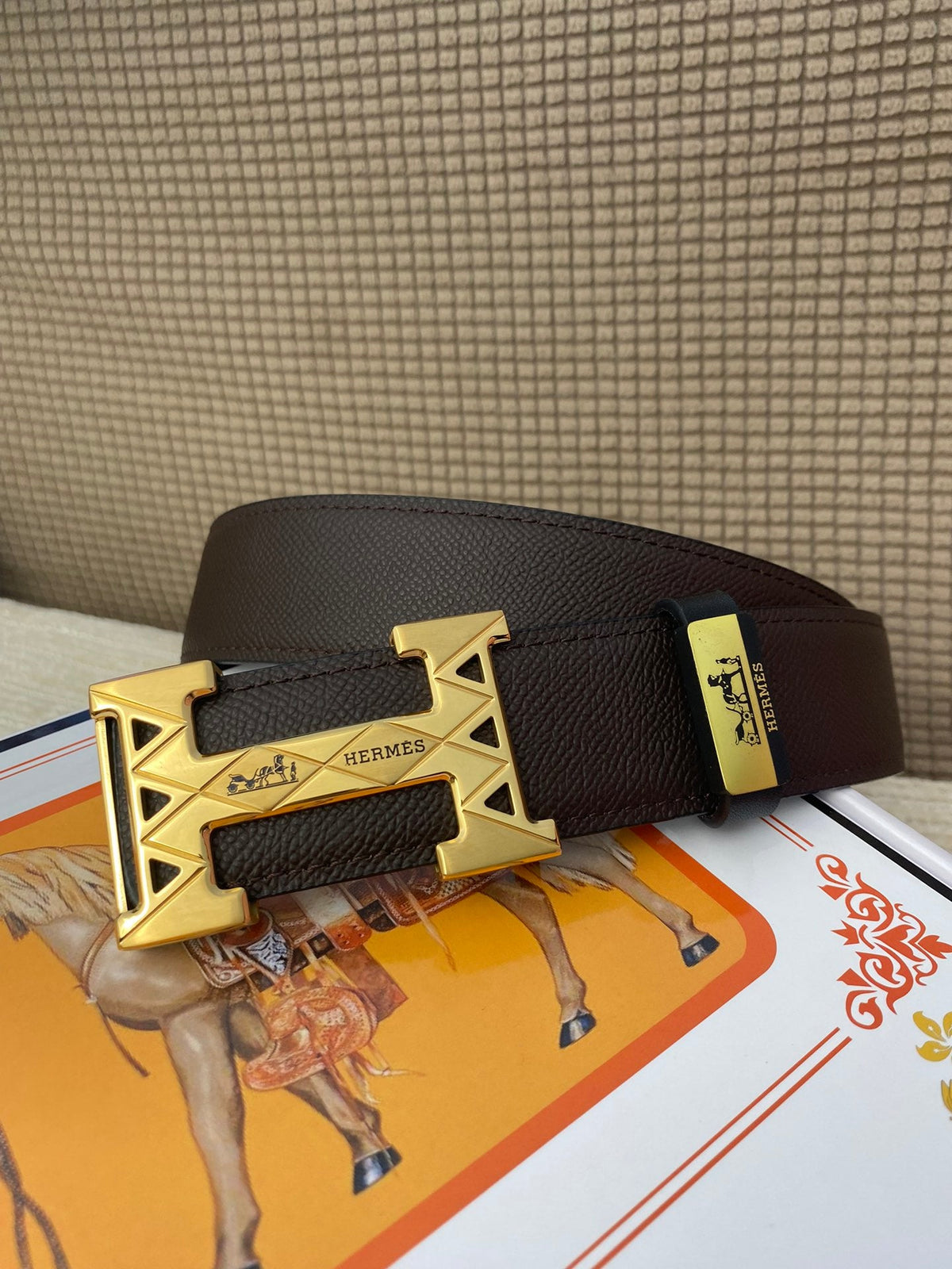 HM Belt 38mm Chocolate Black Cowhide Leather Gold Buckle 619065