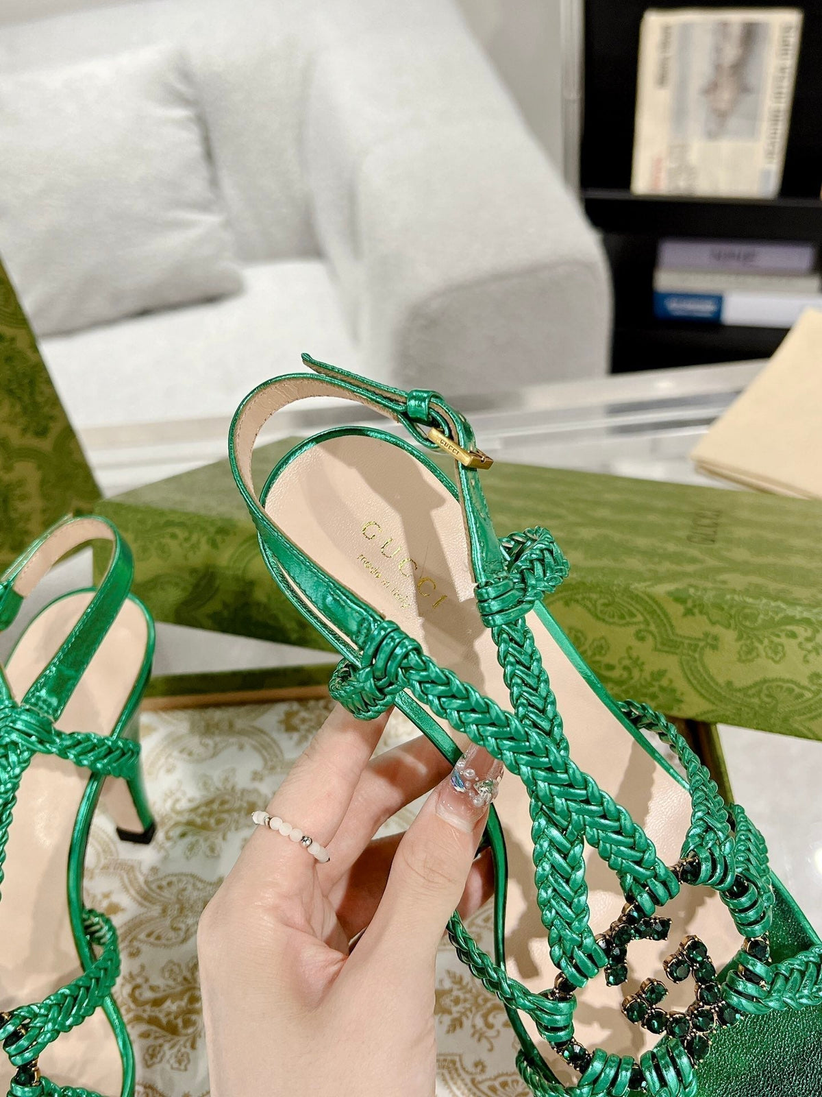 GG CRYSTAL HIGH HEEL SANDAL JADE GREEN CALFSKIN SPECIAL