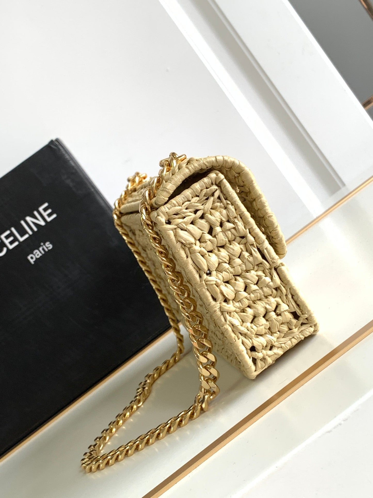 Celine Triomphe 20cm Light Beige Raffia Gold Hardware