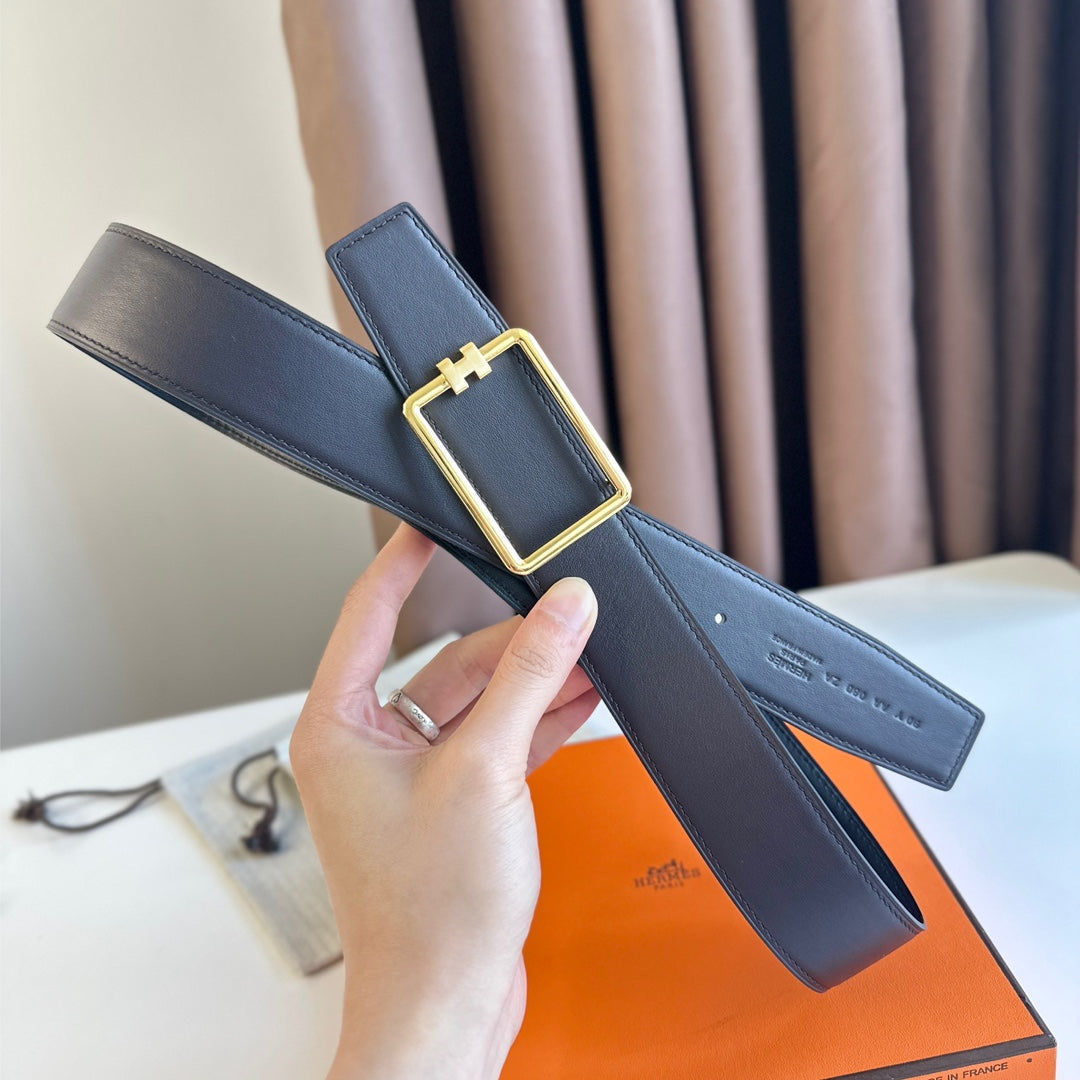 TUBE H BELT BUCKLE & REVERSIBLE BLACK LEATHER STRAP 38MM GOLD HARDWARE