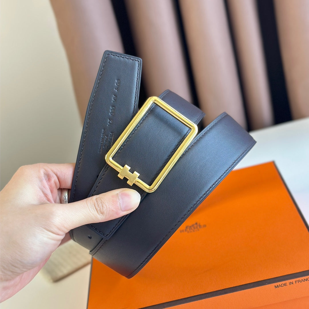 TUBE H BELT BUCKLE & REVERSIBLE BLACK LEATHER STRAP 38MM GOLD HARDWARE