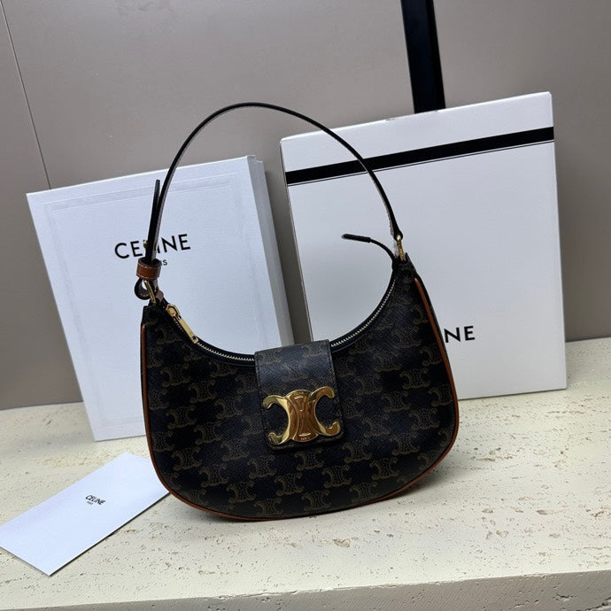 Celine Medium Ava Triomphe Shoulder Bag Brown Black Smooth Calfskin