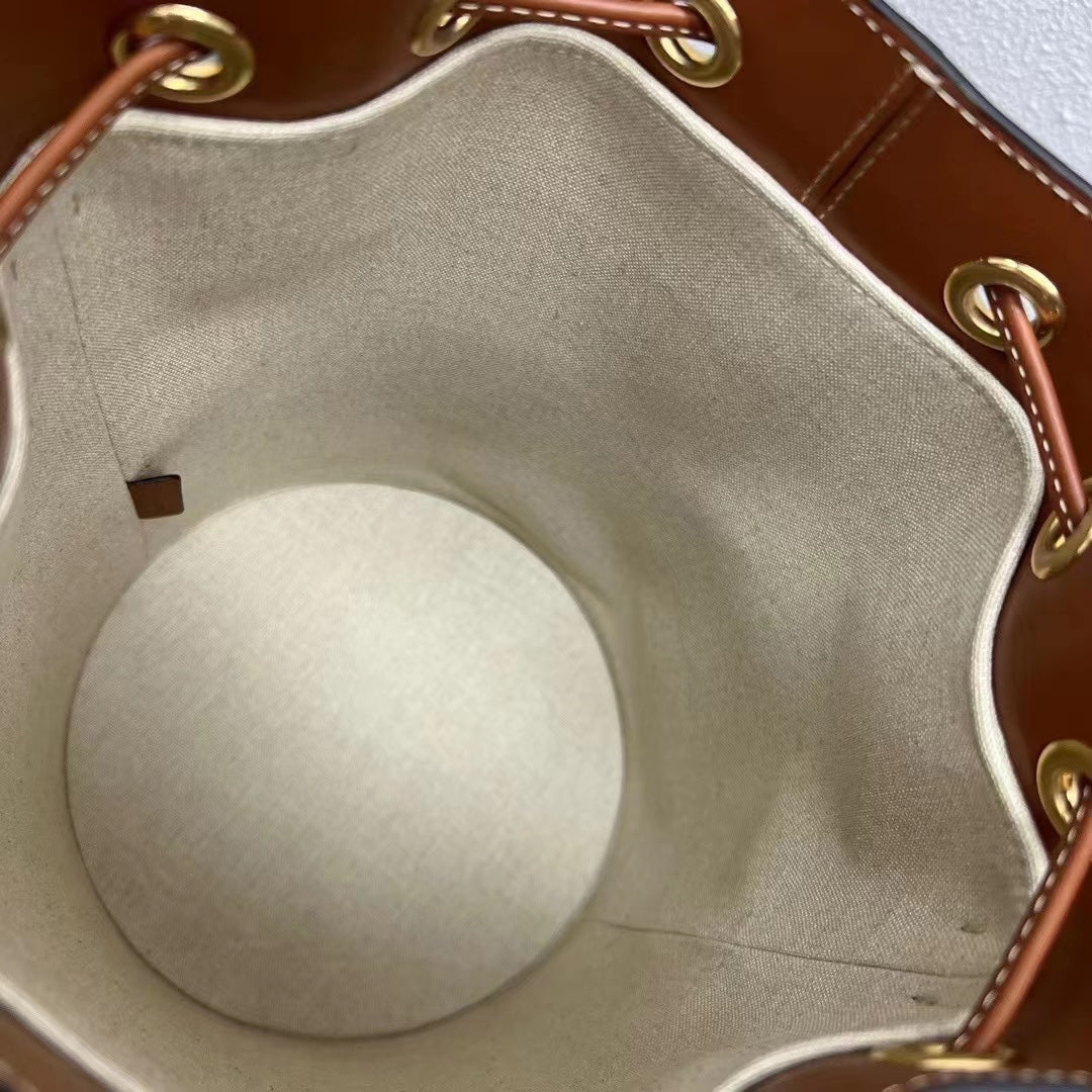 Small Drawstring Cabas Marin Bag Beige Brown Calfskin Textile