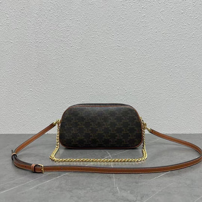 Celine Mini Camera Shoulder Bag Triomphe Black Brown Canvas & Calfskin