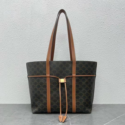 Celine Cabas Drawstring  Bag Triomphe Black Brown Canvas & Calfskin