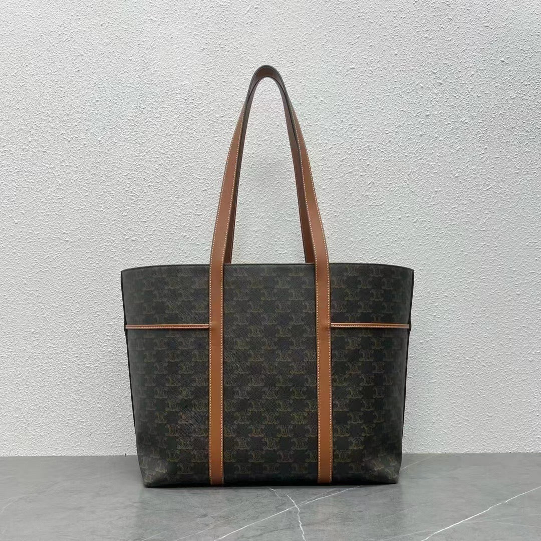 Celine Cabas Drawstring  Bag Triomphe Black Brown Canvas & Calfskin