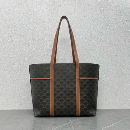 Celine Cabas Drawstring  Bag Triomphe Black Brown Canvas & Calfskin