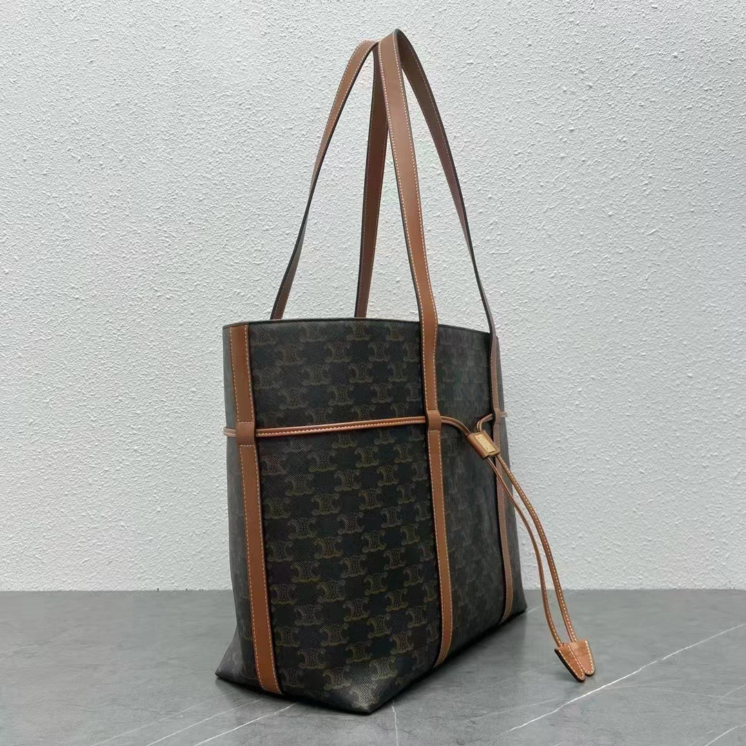 Celine Cabas Drawstring  Bag Triomphe Black Brown Canvas & Calfskin