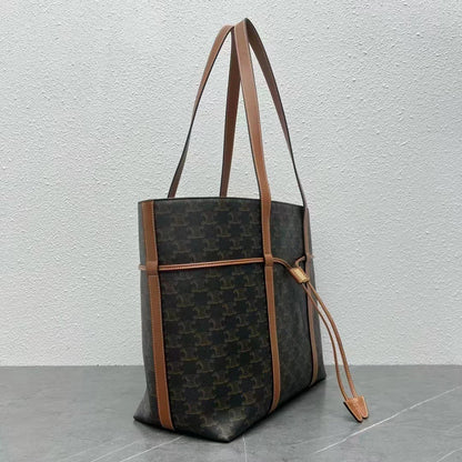 Celine Cabas Drawstring  Bag Triomphe Black Brown Canvas & Calfskin