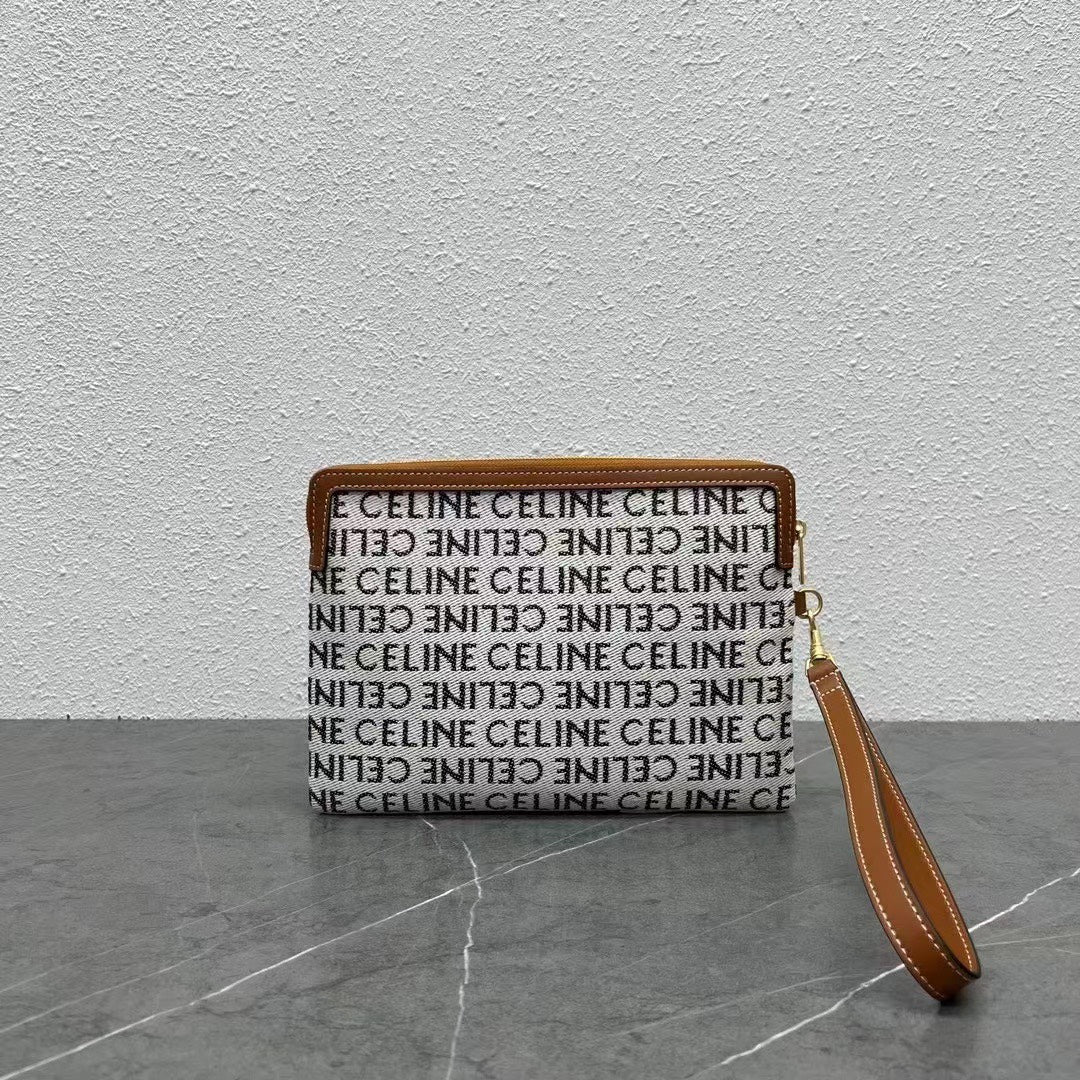 Celine Small Pouch with with Celine Print White Brown Calfskin Textile