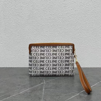 Celine Small Pouch with with Celine Print White Brown Calfskin Textile