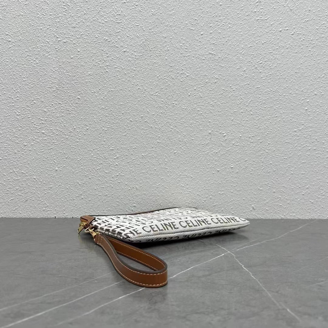 Celine Small Pouch with with Celine Print White Brown Calfskin Textile