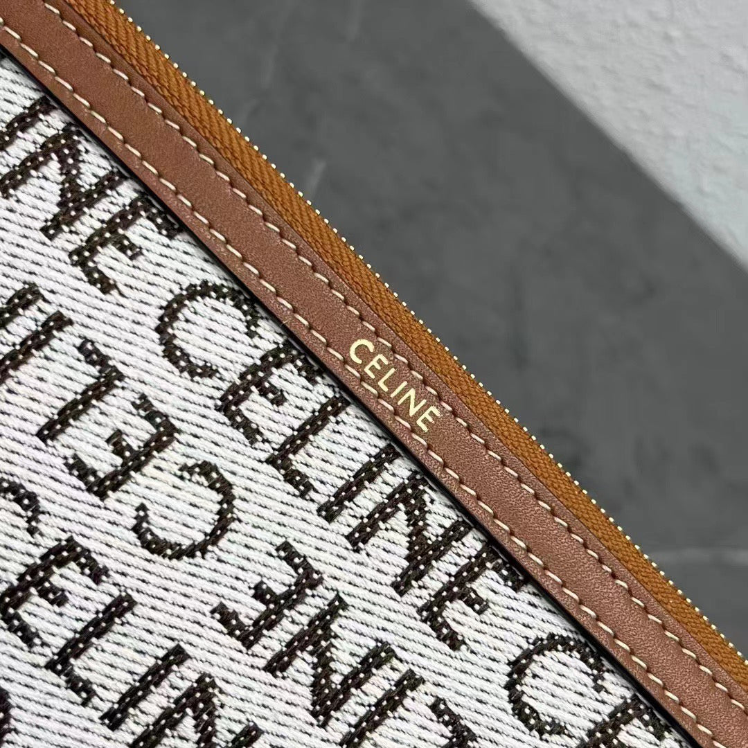 Celine Small Pouch with with Celine Print White Brown Calfskin Textile
