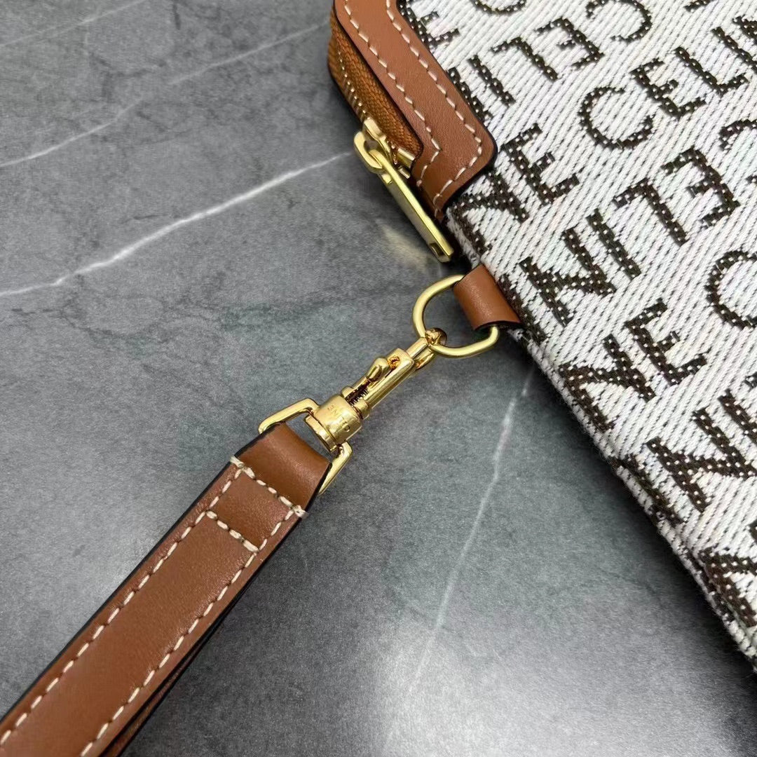 Celine Small Pouch with with Celine Print White Brown Calfskin Textile