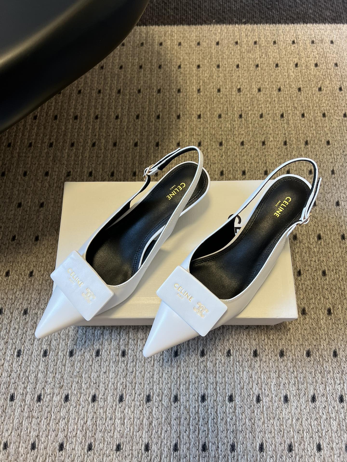 Celine Signature Slingback 5cm White Lambskin 619636