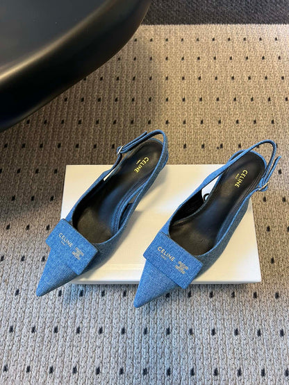 Celine Signature Slingback 5cm Blue Denim 619638