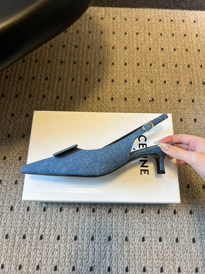 Celine Signature Slingback 5cm Blue Denim 619638