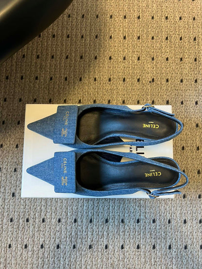 Celine Signature Slingback 5cm Blue Denim 619638