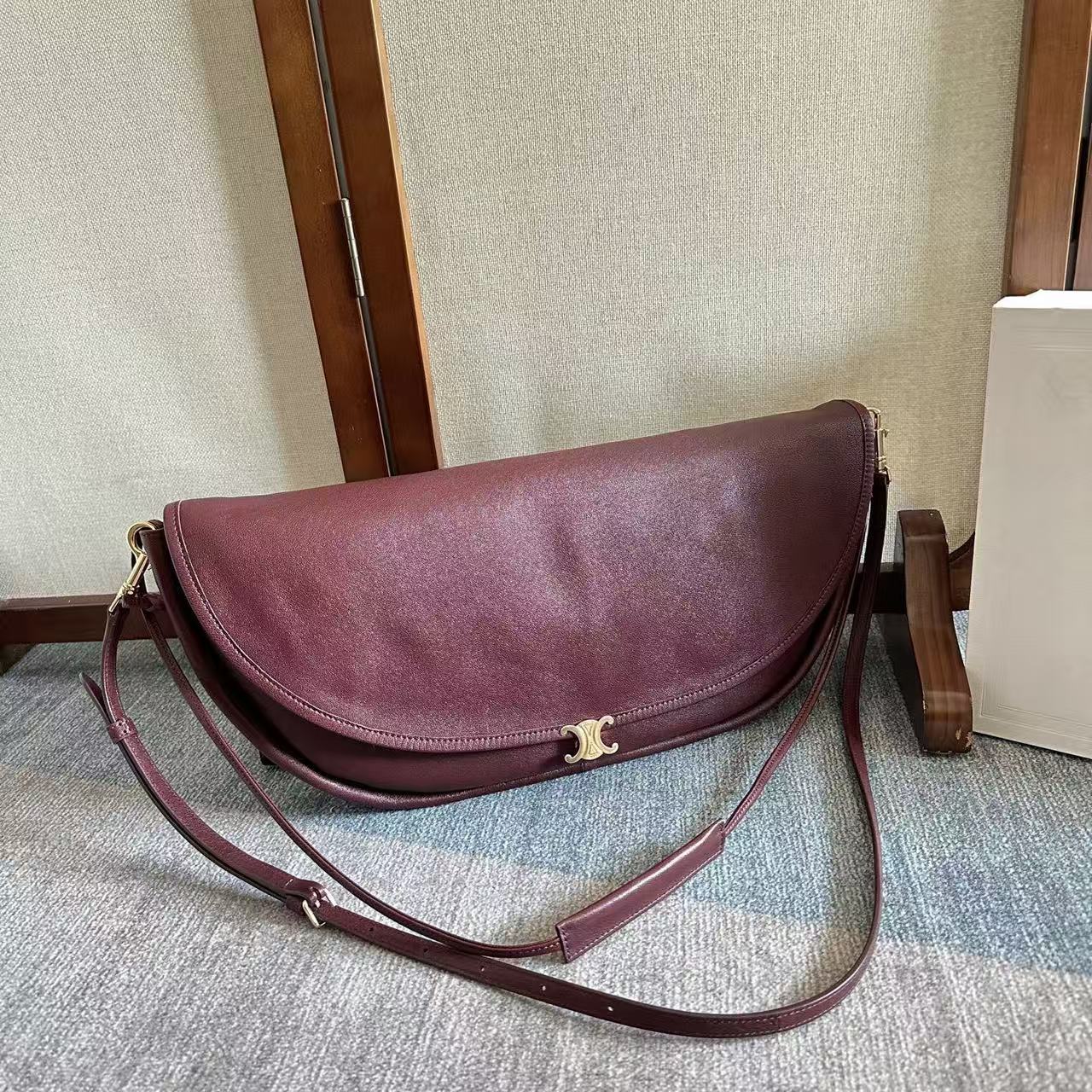 Celine Little Halfmoon Soft Triomphe Bag Burgundy Lambskin