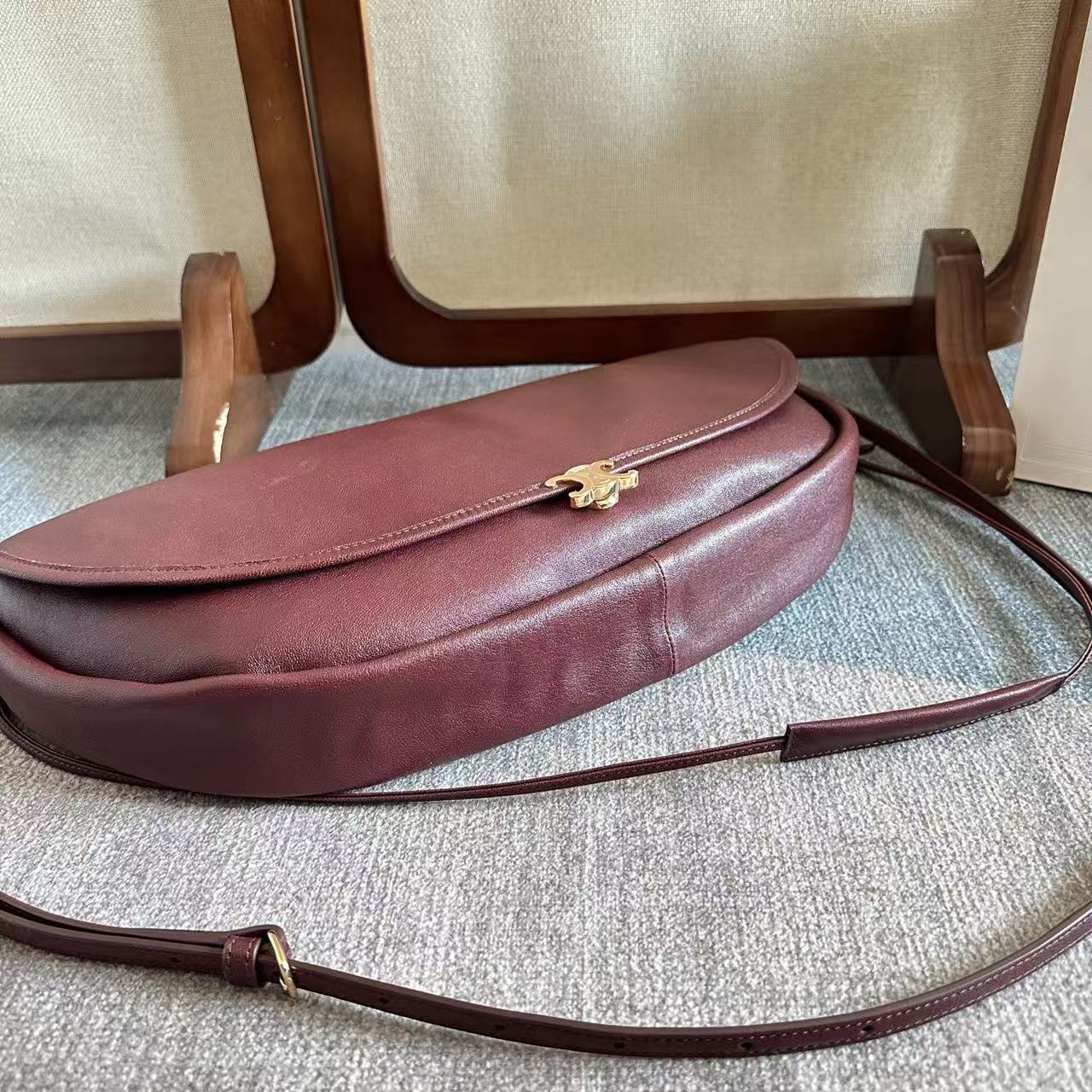 Celine Little Halfmoon Soft Triomphe Bag Burgundy Lambskin