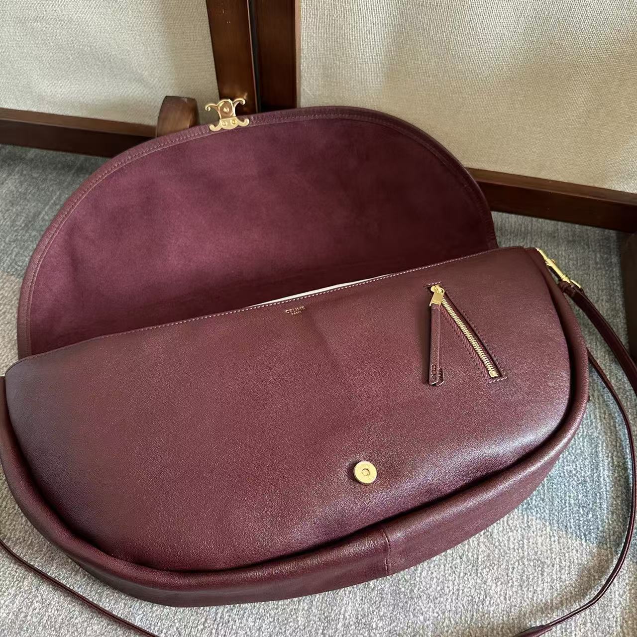 Celine Little Halfmoon Soft Triomphe Bag Burgundy Lambskin
