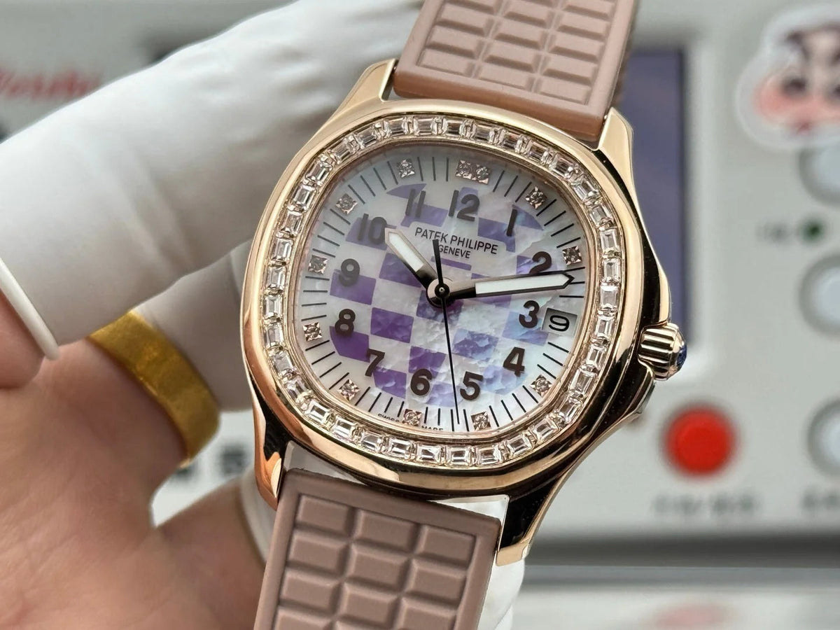 Patek Philippe Aquanaut 36mm Pink Gold Case Diamond Dial Nude Rubber Strap