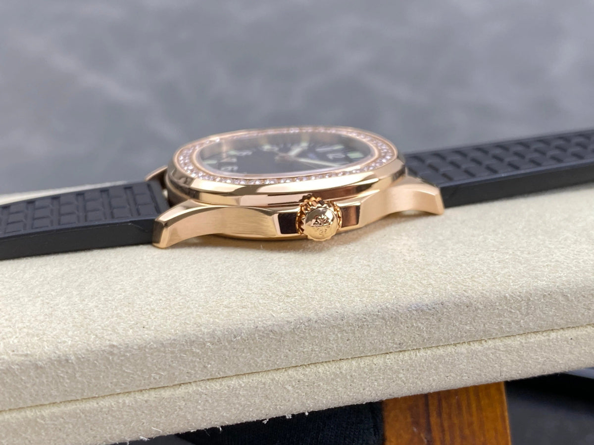 Patek Philippe Aquanaut 36mm Pink Gold Case Diamond Bezel Black Rubber Strap