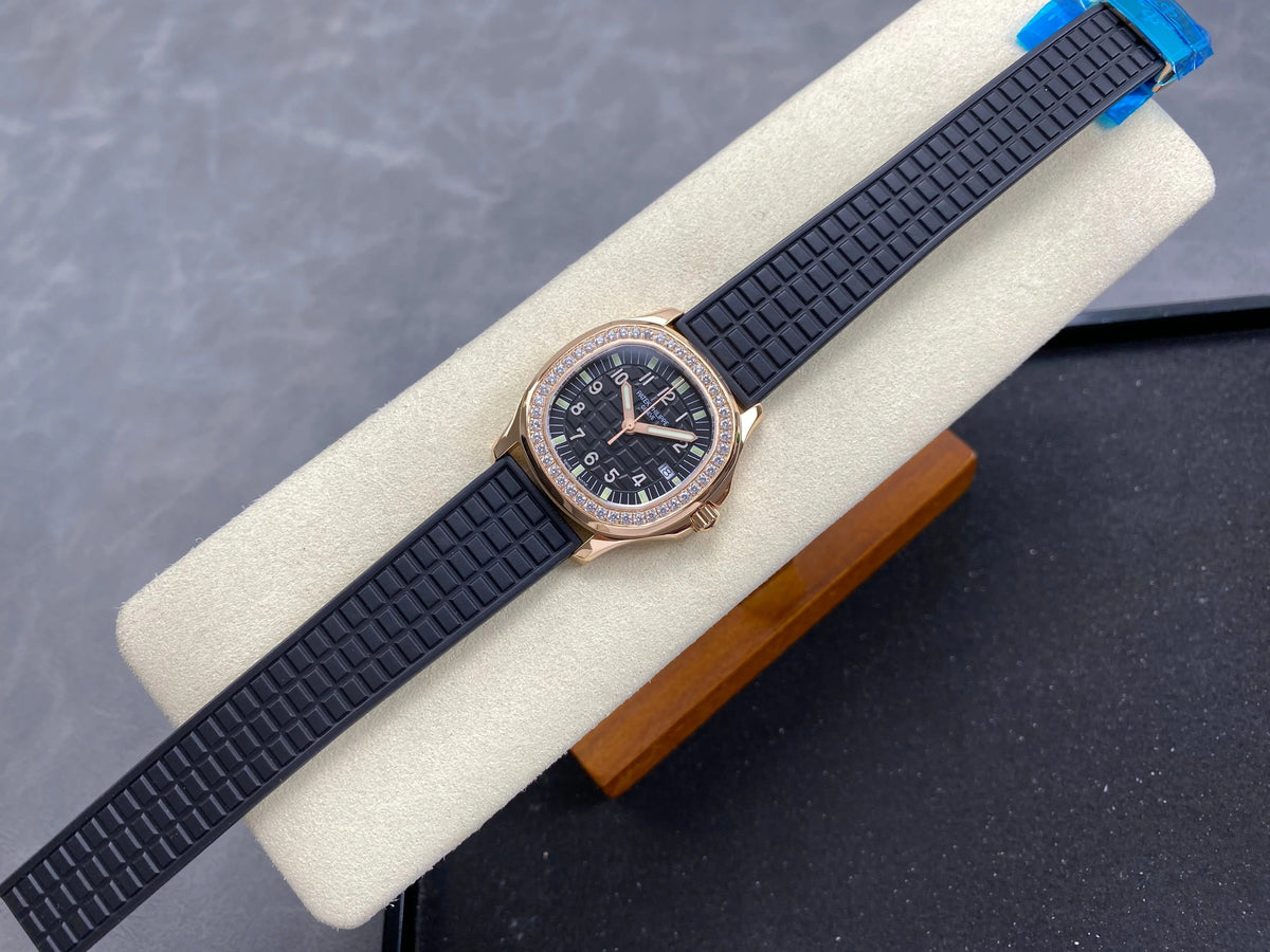 Patek Philippe Aquanaut 36mm Pink Gold Case Diamond Bezel Black Rubber Strap