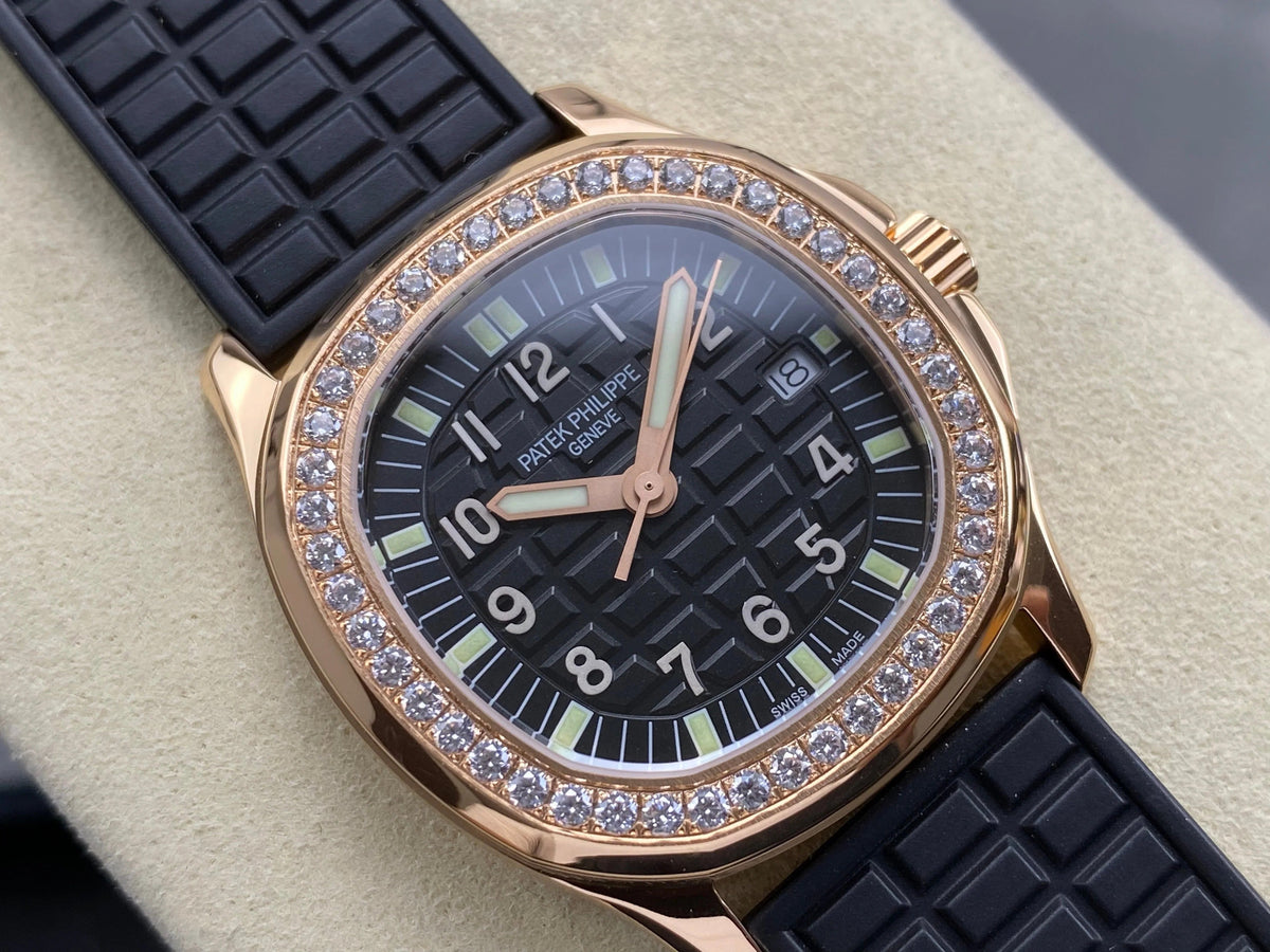 Patek Philippe Aquanaut 36mm Pink Gold Case Diamond Bezel Black Rubber Strap