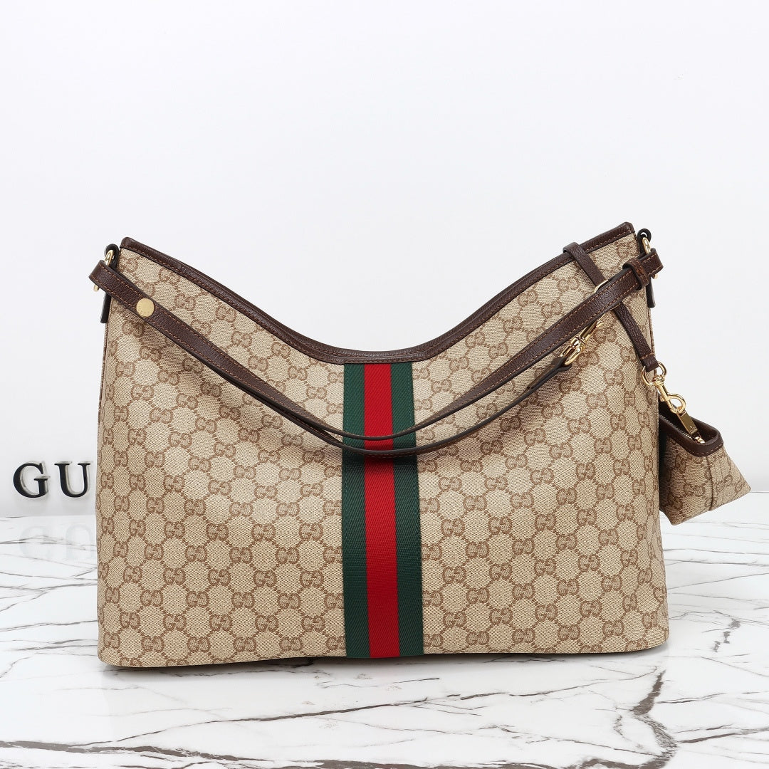 Gucci 2026 Large Shoulder Bag With Web 40cm Sand mix Brown Canvas Leather