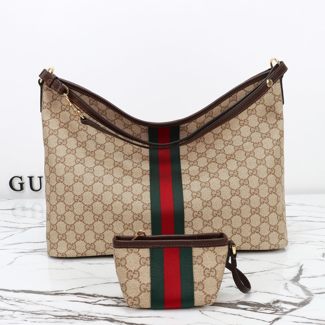 Gucci 2026 Large Shoulder Bag With Web 40cm Sand mix Brown Canvas Leather